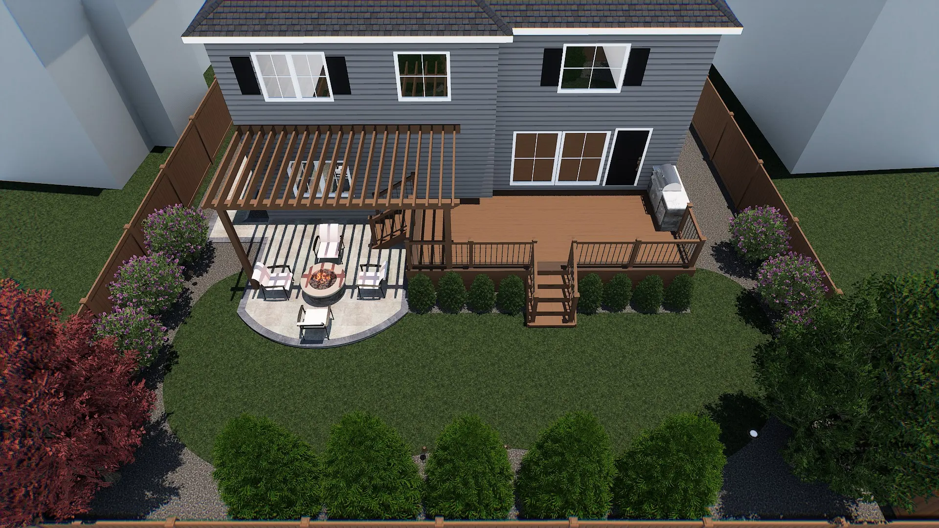 Visualisation of a raised composite deck with railing and stairs, a pergola and a paved fire-pit terrace below