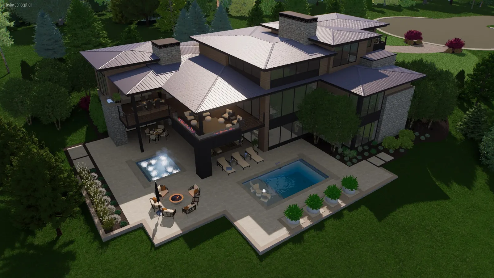 Three-dimensional visualisation of a terrace, pool and fire terrace at dusk