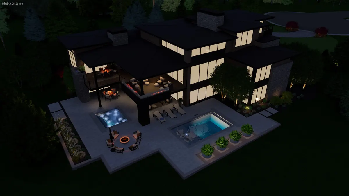 Night visualisation showing architectural and landscape lighting
